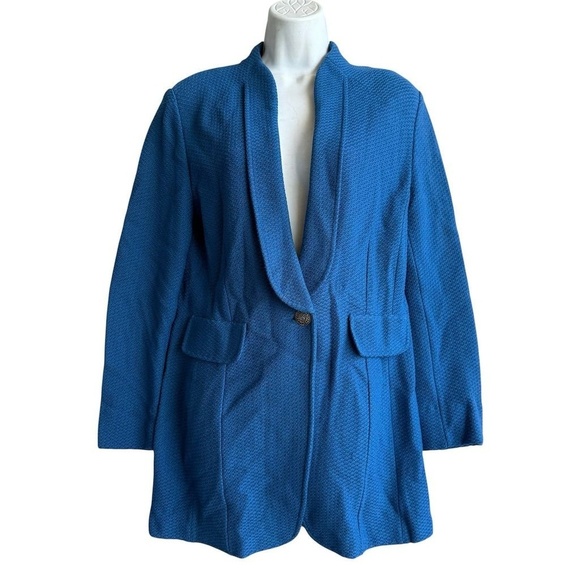St. John Waffle Knit Blazer Jacket Women's 10 Tahoe Blue Texture Single Breasted